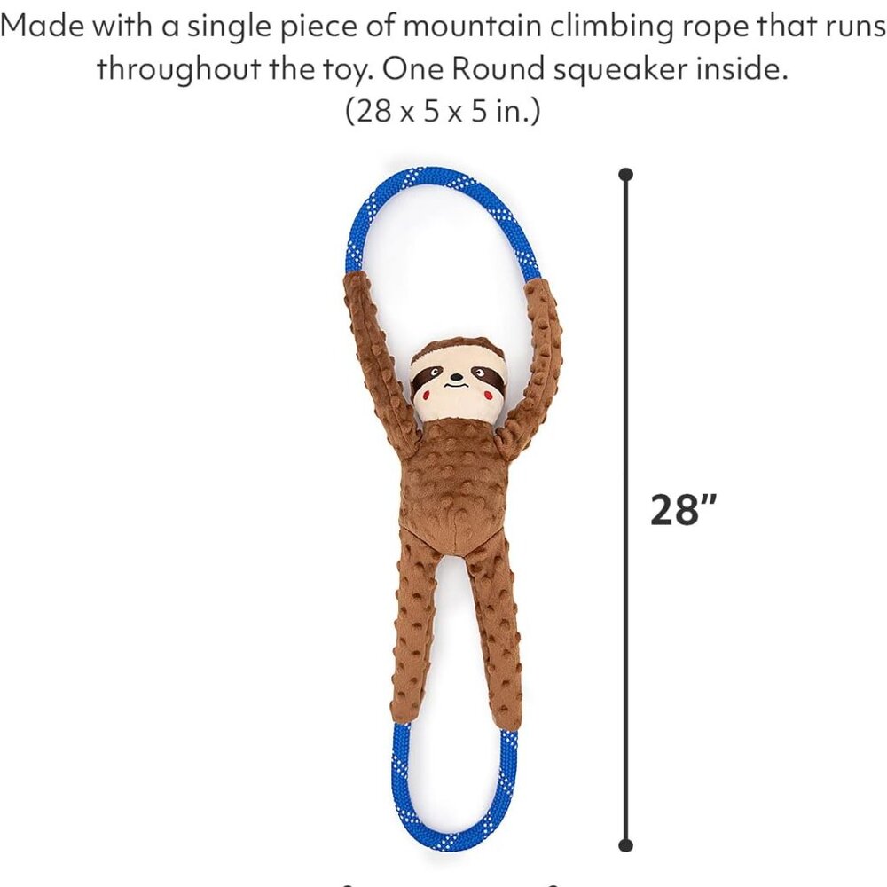 ZippyPaws Climbers Sloth Squeaky Dog Toy Brown Blue Climbing Rope Tug 28 Inch - Picture 2 of 3
